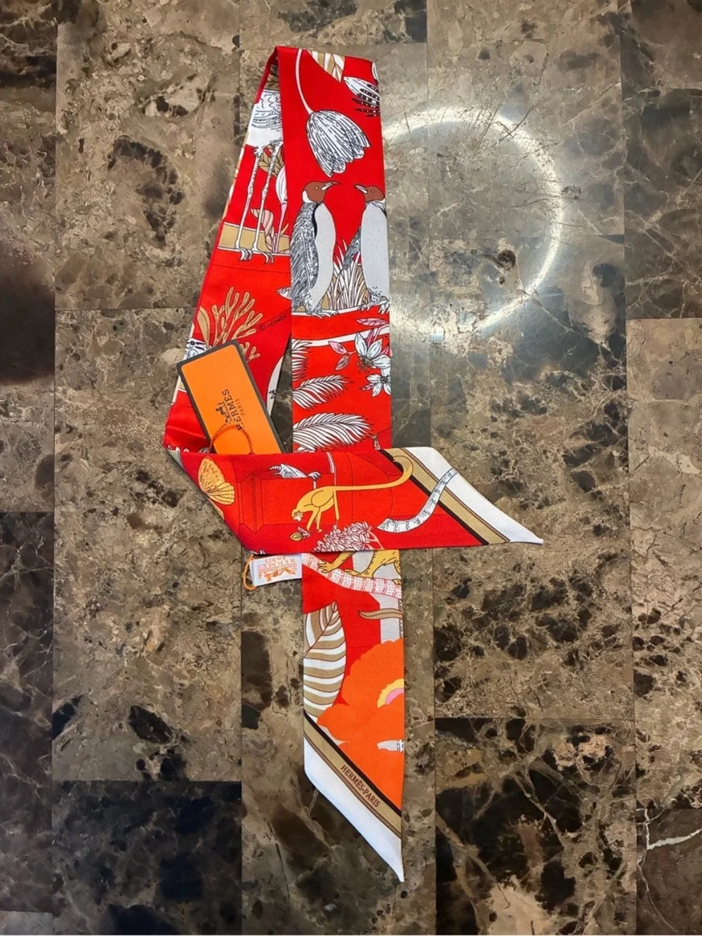 Hermes. Precious Paradise Red Multi Slim Twilly Scarf